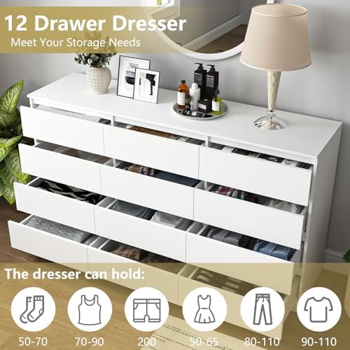 White 12 Drawer Dresser for Bedroom,Modern Long Deep Drawer Dresser,Wood Storage Chest of Drawer, Storage Organizer Drawers for Living Room