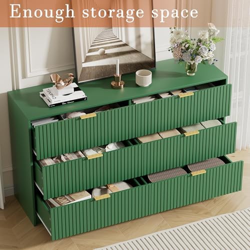 Furniway Green Dresser for Bedroom, Modern Dresser with 6 Drawers and Smooth Slides, Wide Chest of Drawers with Golden Handles for Bedroom, Living Room, Closet, 15.7" D x 55.1" W x 31.4" H