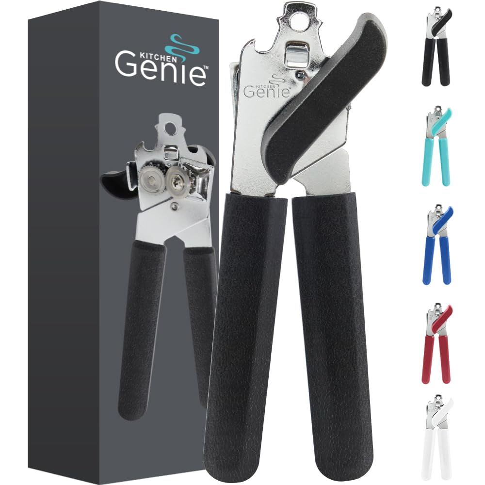 Kitchen Genie Slip Resistant Stainless Steel Manual Can Opener, Sharp Blade for Smooth Edge Cuts, Easily Open Cans, Ergonomic Handles with Easy to Turn Knob, Built-In Bottle Openers, Pitch Black
