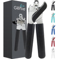Kitchen Genie Slip Resistant Stainless Steel Manual Can Opener, Sharp Blade for Smooth Edge Cuts, Easily Open Cans, Ergonomic Handles with Easy to Turn Knob, Built-In Bottle Openers, Pitch Black