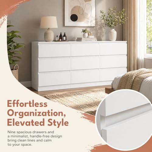 White 9 Drawer Dresser for Bedroom,Modern Deep Drawer Dresser with No-Handle Design,Wide Storage Chest of Drawers,Wood Bedroom Storage Organizer Furniture for Closet,Hallway