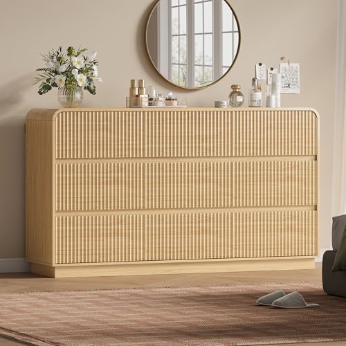 Wodeer Oak Dresser Fluted 9 Drawers Dresser for Bedroom, 59" Wide Wood Chest of Drawers with Hidden Handles & Rounded Corners, Modern TV Stand Storage Cabinet for Living Room, Hallway, Entryway