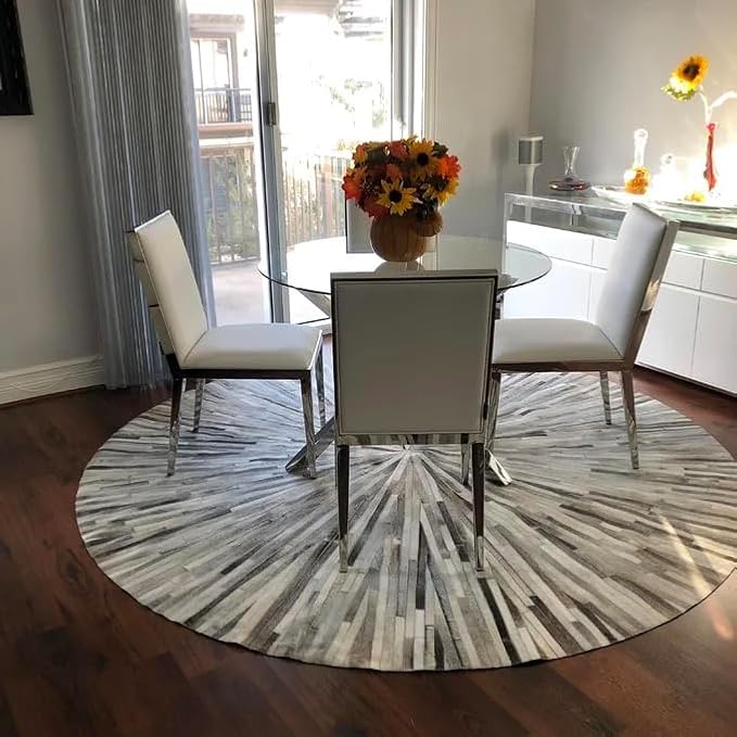 Faux Cowhide Round Area Rug | Non-Slip Leather Floor Carpet for Living Room, Bedroom, and Home Décor | Modern Stylish Accent Rug(Grey_8x8)