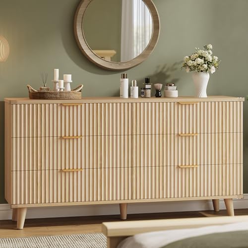 Wood Tall 6 Drawers Dresser, 53.2" W Fluted Modern Dressers for Bedroom