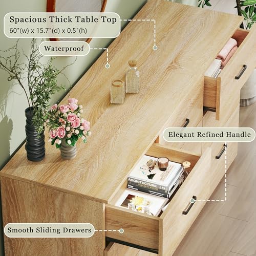 HUAHUU 9 Drawer Dresser for Bedroom, 60'' Long Mid Century Modern Dressers TV Stand, Wood Vintage Chests of Drawers, Large Storage Organizer for Bedroom, Closet, Entryway, Natural Oak