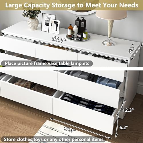 White 12 Drawer Dresser for Bedroom,Modern Long Deep Drawer Dresser,Wood Storage Chest of Drawer, Storage Organizer Drawers for Living Room