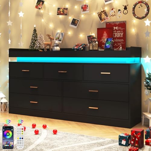 Hlivelood 7 Drawer Dresser with LED Light and Charging Station, Modern Chest of Drawers for Closet, Wide Drawer Organizer Cabinet for Bedroom, Living Room, Entryway, Hallway, Black