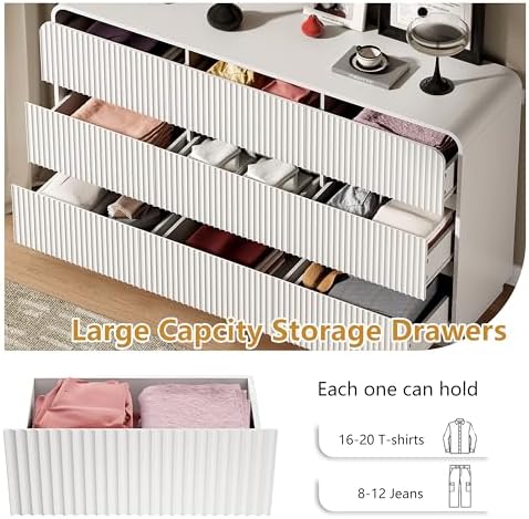 Wodeer White Dresser Fluted 9 Drawers Dresser for Bedroom, 59" Wide Wood Chest of Drawers with Hidden Handles & Rounded Corners, Modern TV Stand Storage Cabinet for Living Room, Hallway, Entryway