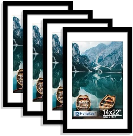 Hongkee 14x22 Picture Frame Set of 4, 14 x 22 Black Wood Style(Mat 12x18)