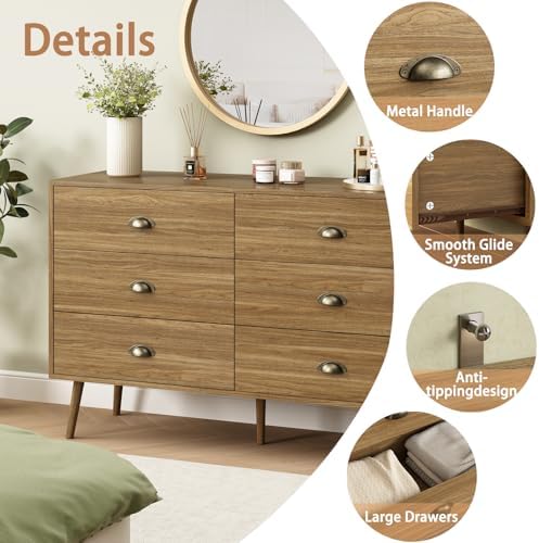 Oak 6 Drawer Dresser for Bedroom, 47" Wood Dresser with Gold Handles.