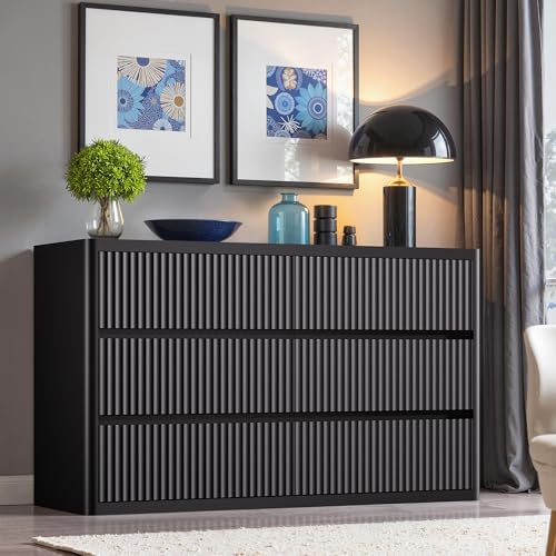 Standifurno Black 6 Drawers Double Dresser, Fluted Dresser for Bedroom, Modern Chest of Drawers with Handleless, Curved Profile Dressers TV Stand, Wood Storage Organizer for Living Room, Hallway