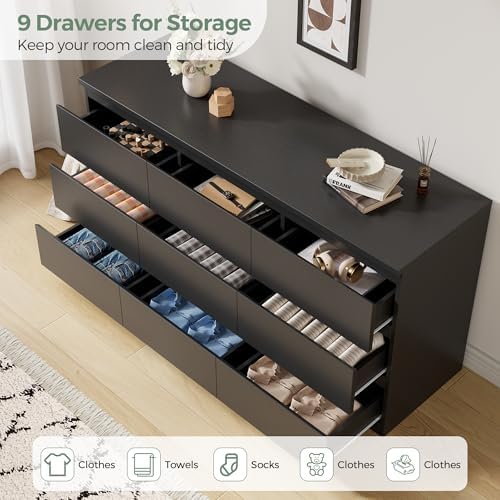 Jocoevol Modern 9 Drawer Dresser for Bedroom, Simply Chest of Drawers, Wood Storage Dresser with Deep Drawers for Living Room Hallway Entryway (Black)