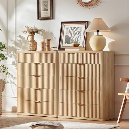 LEYAOYAO Farmhouse Fluted 6 Drawers Dresser for Bedroom, 42" Tall Modern Chest of Drawers with Curved Profile Design & Metal Handle,Natural Wood Drawer Organizer for Bedroom