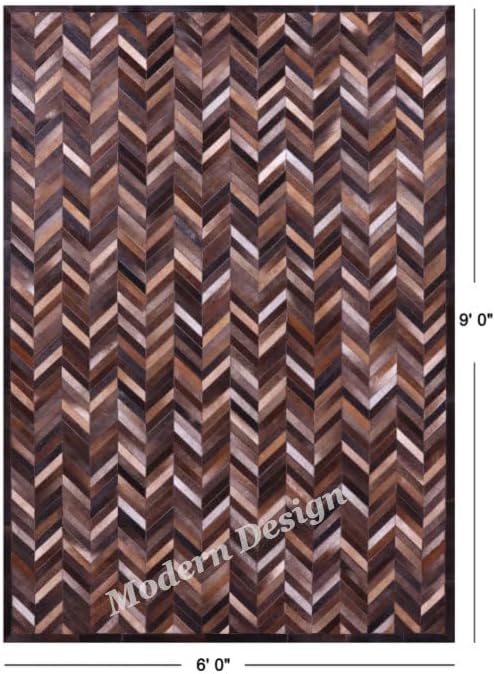 Modern Design Premium Cowhide Leather Carpet with Chevron Pattern, Area Rug (Natural Multi Brown, 3x10)