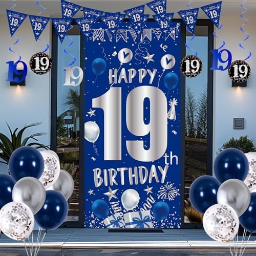 19th Birthday Decorations for Boys Men, Blue 19 Year Old Party Supplies