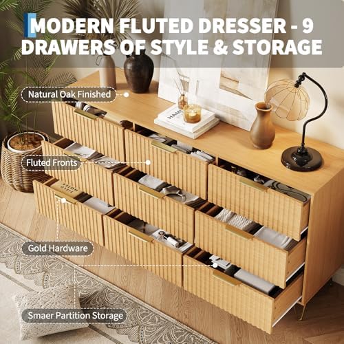 Garvee 63" Wide Fluted Dresser for Bedroom with 9 Drawers, Modern Wooden Chest of Drawers with Metal Handles, Large Clothes Storage Organizer & TV Stand for Living Room, Closet, Hallway, Oak Finish