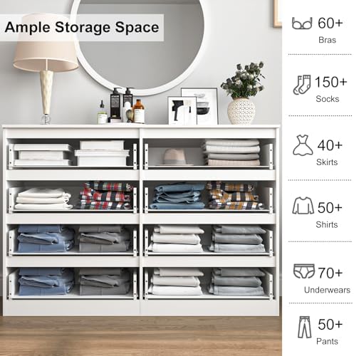 Vibe & Dine Double Dresser 8 Drawer, Modern Wooden Chest of Drawers with Wide Storage for Closet, Bedroom, Living Room, White