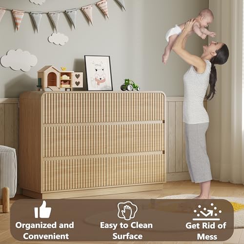 BORNOON Dresser for Bedroom with 6 Drawers, Fluted Chest of Drawers with Round Curved Corner, Hidden Handles, Modern Wood Storage Organizer for Bedroom, Nursery, Living Room