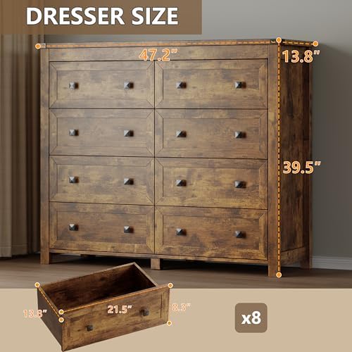 BORNOON Tall 8-Drawer Dresser, Modern Wooden Storage Chest of Drawers, Dresser TV Stand, Wood Drawer Organizer with Metal Handles for Bedroom, Living Room, Hallway