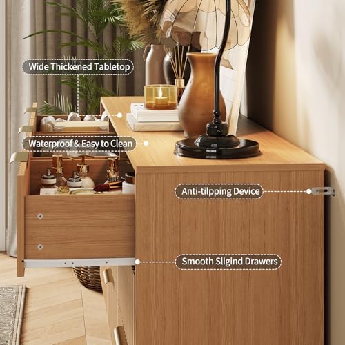 Garvee 63" Wide Fluted Dresser for Bedroom with 9 Drawers, Modern Wooden Chest of Drawers with Metal Handles, Large Clothes Storage Organizer & TV Stand for Living Room, Closet, Hallway, Oak Finish