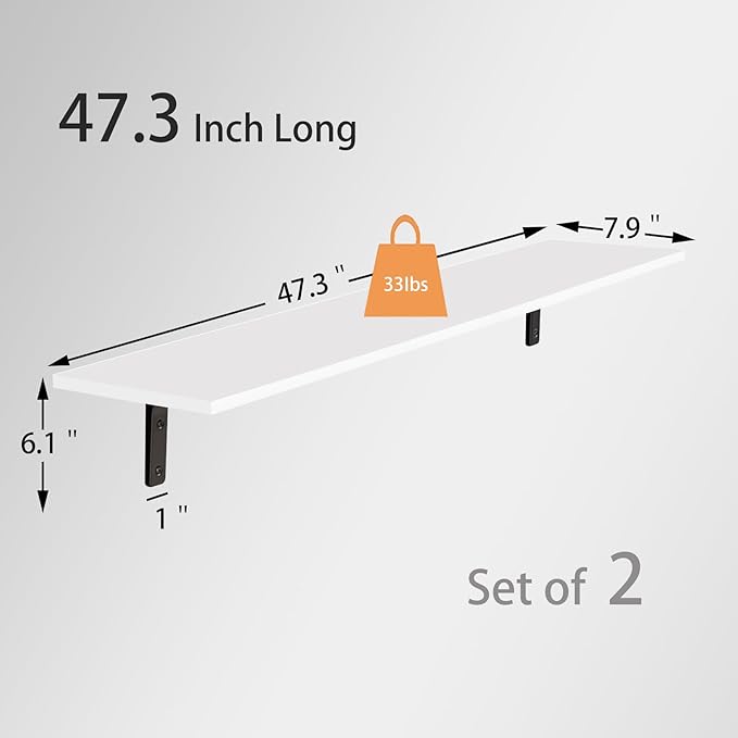 DINZI LVJ Long Wall Shelves, 47.3Inch Wall Mounted Shelves Set of 2, Extra Large Wall Storage Ledges with Sturdy Metal Brackets for Living Room, Bathroom, Bedroom, Kitchen, White