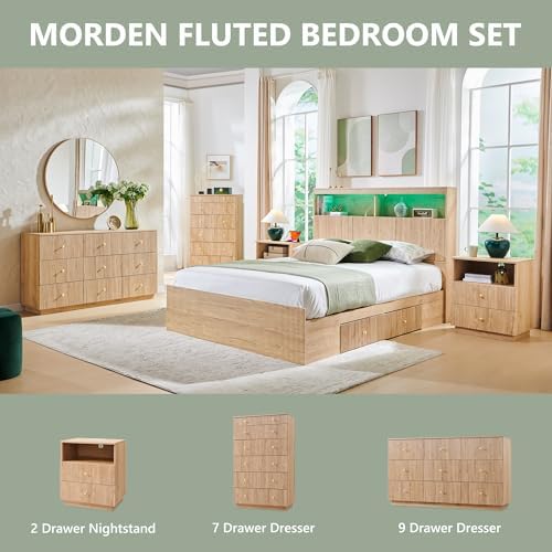 Aitjunz Fluted Dresser for Bedroom with 7 Drawers,45" Tal Modern Chest of Drawers with Metal Handle, Wooden Closet Clothes Storage Organizer for Living Room, Hallway, Natural Oak
