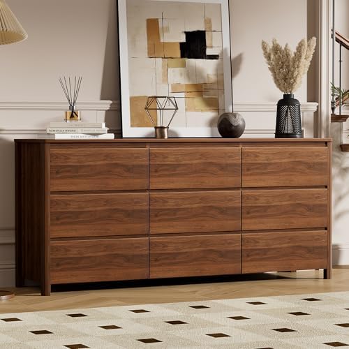 Furniway 63" Mid-Century Modern Dresser for Bedroom, 9 Drawer Wide Chest of Drawers with Wood Legs, Large Storage Bedroom Dresser, Walnut