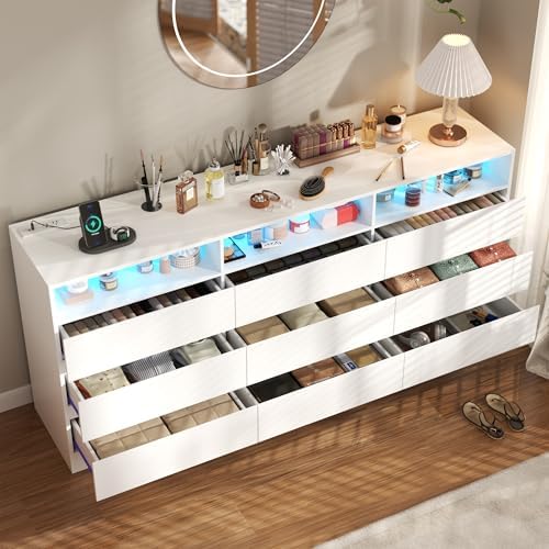 STIKELY Drawer Dresser for Bedroom with Power Outlet, Black Dressers with LED Light, Dresser Chest of Drawers for Closet,Wood Dressers Organizer Cabinet (White 9 Drawers)