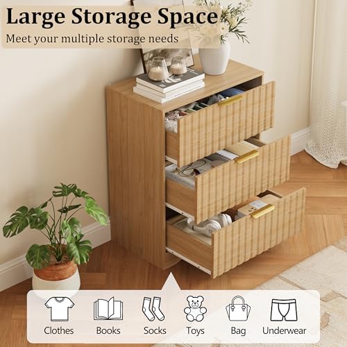 Fluted 3 Drawer Dresser for Bedroom, 30" Tall Modern Dressers, Natural Oak