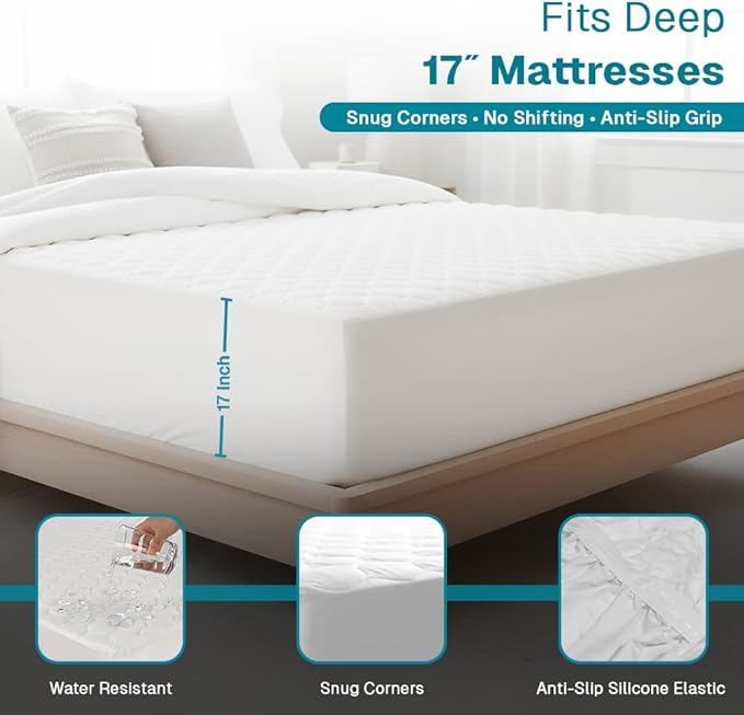 FABDREAMS Organic Quilted Mattress Protector | King Mattress Pad| Mattress Cover| Naturally Breathable | Noiseless| Fits up to 17" Deep Pockets| Temperature Regulating | King | White