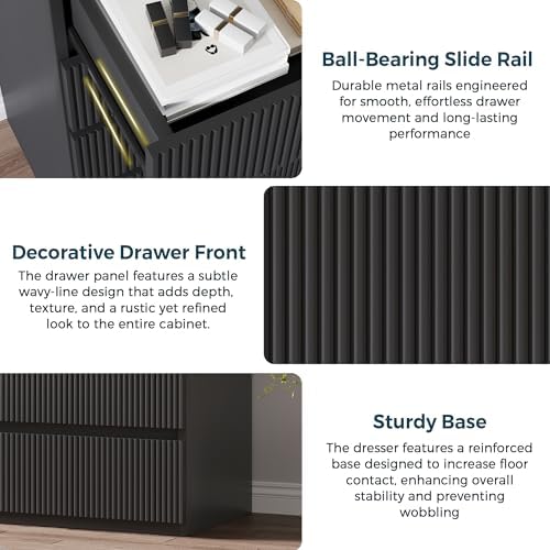 Jocoevol 5 Drawer Dresser, 43" Tall Dresser Chest of Drawers Fluted Design, Wood Mid Century Vertical Dresser Natural Texture for Bedroom, Black Dresser