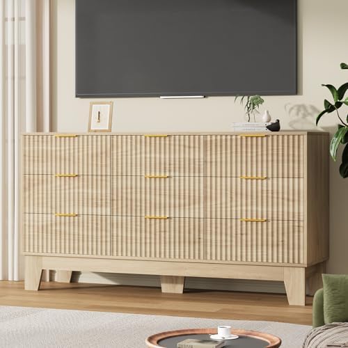 GarveeHome 59" Wide Fluted 9 Drawers Dresser, Oak