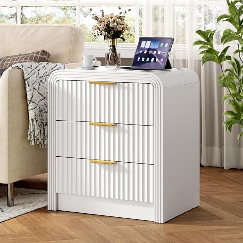 Decofy Fluted 3-Drawer Nightstand with Charging Station, Pure White
