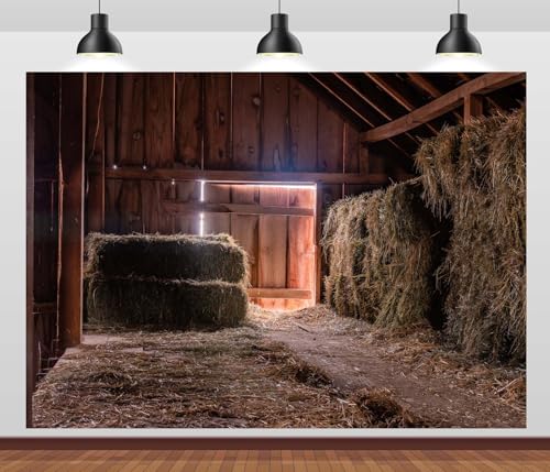 12x8ft Inside Old Dirty Barn Backdrop Hay Bales Dark Wood Beams Barn Interior Photography Background Haystack Country Farmhouse Backgrounds Party Photoshoot Props - size: 12x8ft
