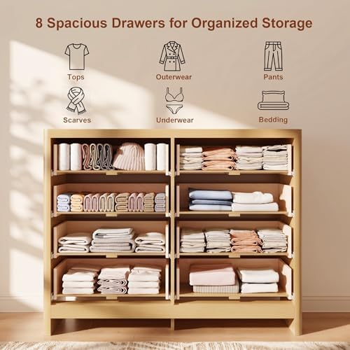 Fluted 8 Drawer Dresser for Bedroom, 47" Wide Modern Chest of Drawers with Metal Handle & Storage, Wooden Dresser TV Stand, Closet Clothes Storage Organizer for Living Room, Natural Oak Dresser