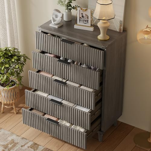 Wood Tall 5 Drawers Dresser, 27.6" W Fluted Modern Dressers for Bedroom