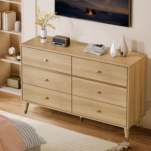 Chrangmay 6 Drawer Dresser,47.24" Wide Mid Century Chest of Drawers,Wooden Bedroom Drawer Dresser with 9 Storage Drawers for Bedroom,Living Room,with Anti-Tipping Device,Oak