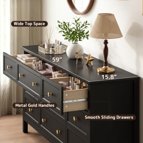 CARPETNAL 59" Black Dresser for Bedroom with 9 Drawer & Modern Gold Handles