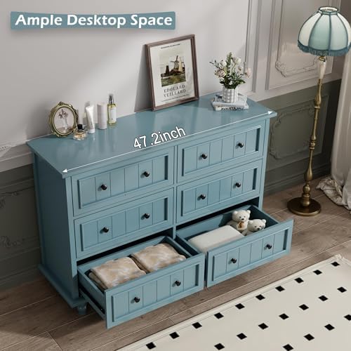 Blue 6 Drawer Dresser, Vintage Chest of Drawers, 47.2'' Bedroom Cabinet