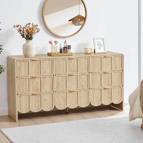 ORRD 9 Drawer Dresser for Bedroom, Modern Closet Chest of Drawers with Wave Fluted Drawer, Wood Storage Small Dresser Organizer for Nursery Bedroom Living Room Hallway Closet (Natural)
