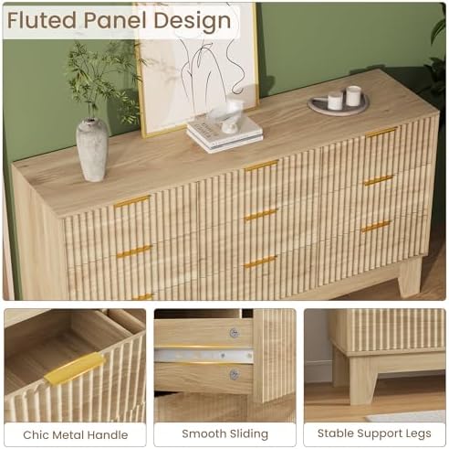 GarveeHome 59" Wide Fluted 9 Drawers Dresser, Oak