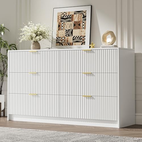 MAISONARIA White 6 Drawer Dresser for Bedroom, 55" Wide Modern Chest of Drawers with Gold Metal Handles, Fluted Wood TV Stand for Living Room, Hallway