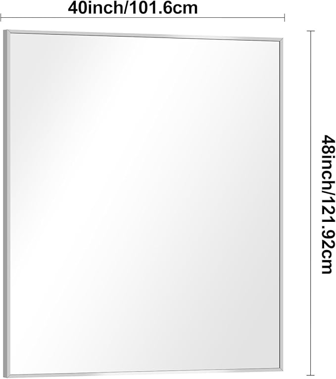 BONEWEI Silver Bathroom Mirror,40x48 inch Wall Mirror for Bathroom Wall Mounted,Large Rectangle Mirror for Bathroom Over Sink,Modern Metal Frame for Living Room,Bedroom Entryway,Horizontal/Vertical