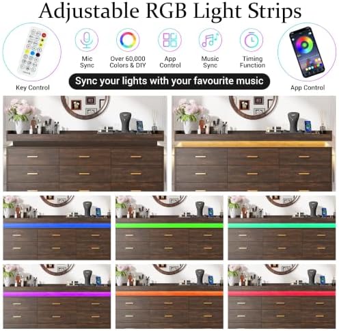 Farmhouse 9 Drawer Dresser with LED Light and Charging Station, Brown