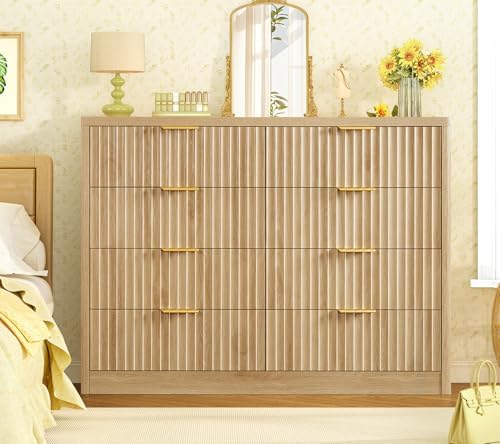 TEENOFN Fluted Dresser for Bedroom with 8 Drawers, 47.2" Wide Modern Chest of Drawers with Metal Handle, Dresser TV Stand, Wood Closet Clothes Storage Organizer for Living Room, Hallway, Natural