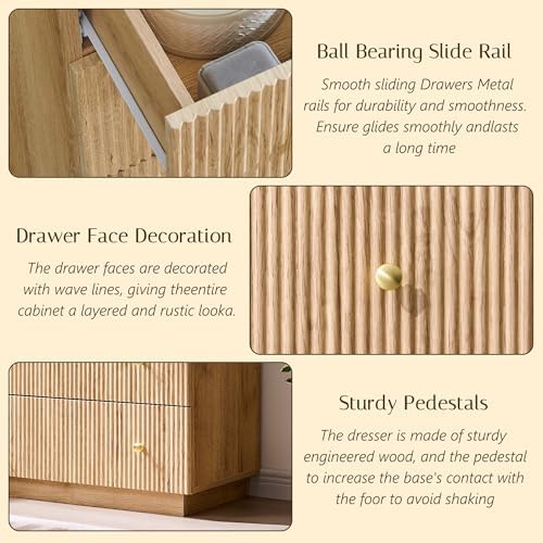 Aitjunz Fluted Dresser for Bedroom with 7 Drawers,45" Tal Modern Chest of Drawers with Metal Handle, Wooden Closet Clothes Storage Organizer for Living Room, Hallway, Natural Oak