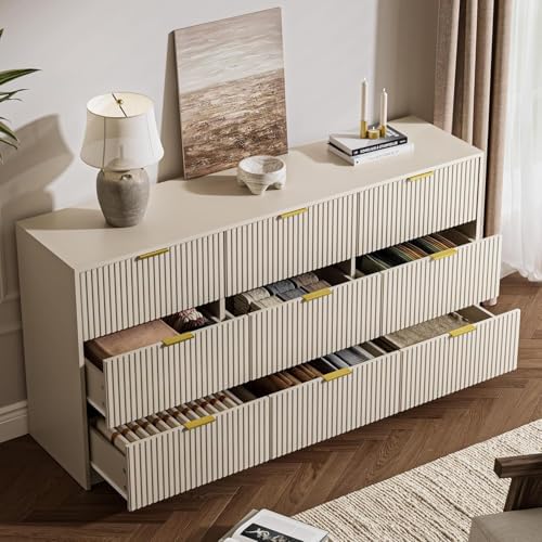 MAISONARIA Beige 9 Drawer Dresser for Bedroom, 63" Wide Modern Fluted Dresser with Gold Metal Handles, Chest of Drawers for Bedroom, Living Room, Entryway, Hallway