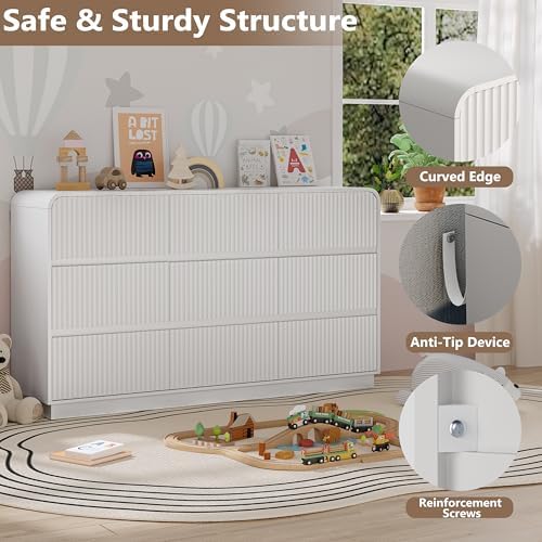 BORNOON Dresser for Bedroom with 9 Drawers, Fluted Chest of Drawers with Round Curved Corner, Hidden Handles, Modern Wood Storage Organizer for Bedroom, Nursery, Living Room