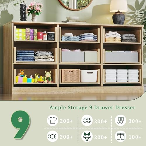 HUAHUU 9 Drawer Dresser for Bedroom, 60'' Long Mid Century Modern Dressers TV Stand, Wood Vintage Chests of Drawers, Large Storage Organizer for Bedroom, Closet, Entryway, Natural Oak