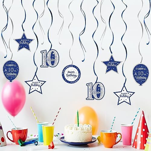 Happy 10th Birthday Blue & Silver Glitter Swirls Streamers Party Decorations - 15 Pcs 10th Birthday Hanging Swirls Streamers Kit,Cheers to Ten Years Old Bday Party Sign.